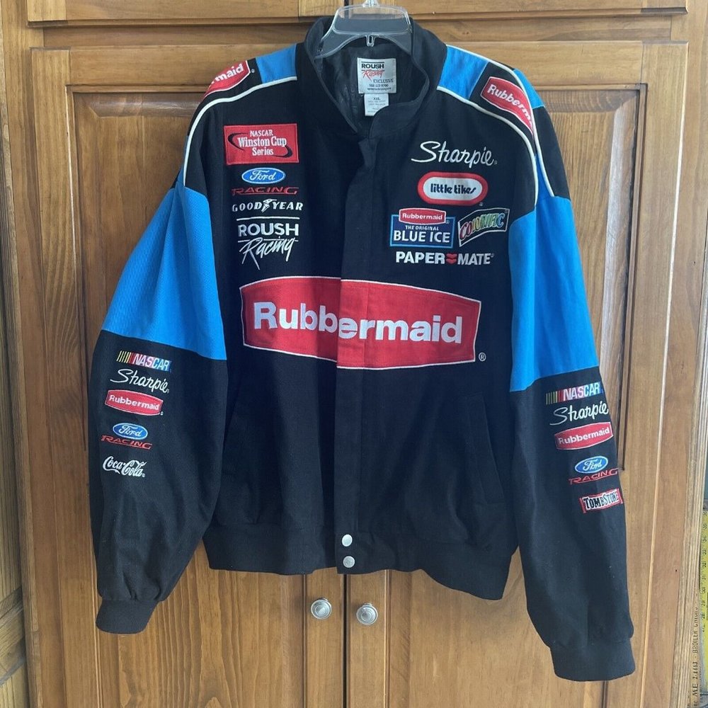 VINTAGE XXL Black Red And Blue Rubbermaid NASCAR Jacket Rousch Racing Exclusive - Picture 1 of 12